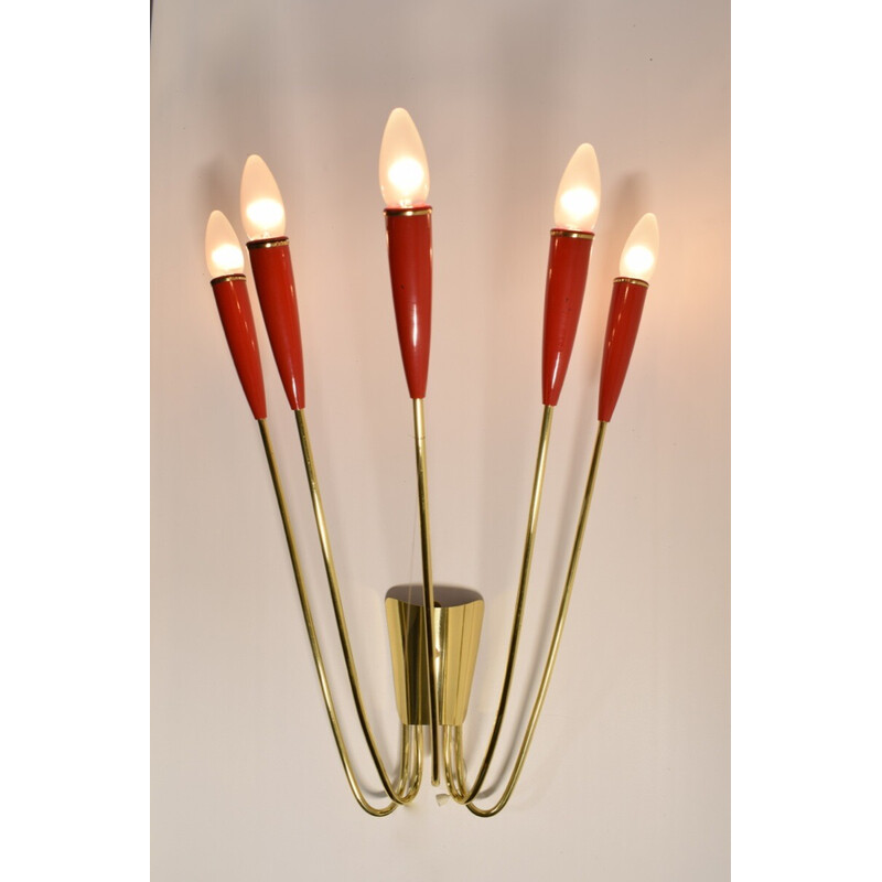 Vintage brass and red lacquer wall lamp, 1960