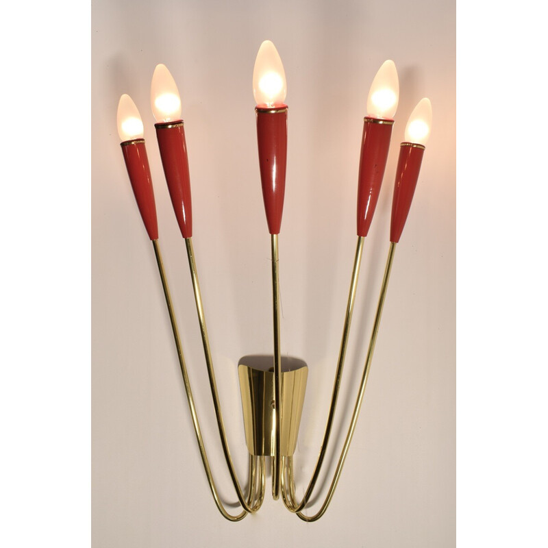 Vintage brass and red lacquer wall lamp, 1960