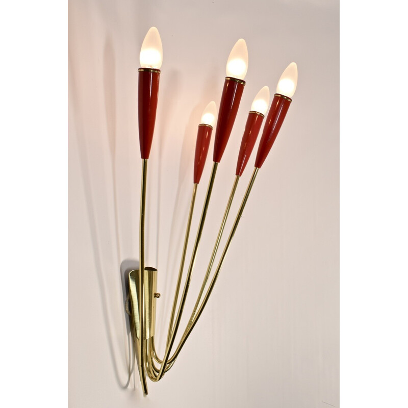 Vintage brass and red lacquer wall lamp, 1960