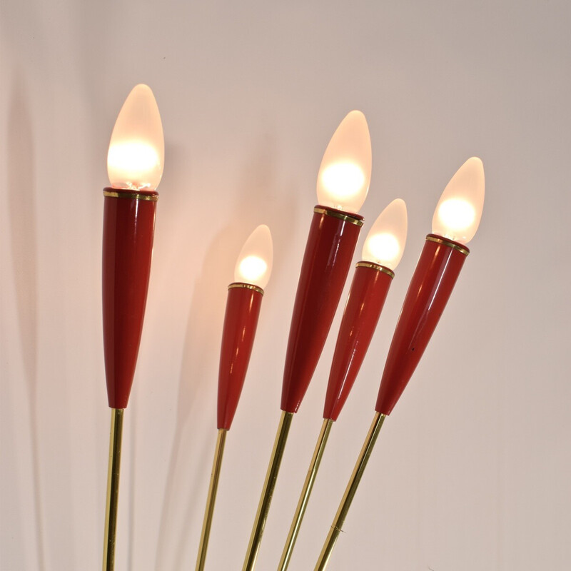 Vintage brass and red lacquer wall lamp, 1960