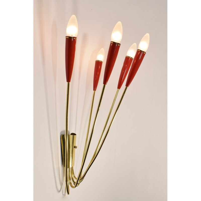 Vintage brass and red lacquer wall lamp, 1960