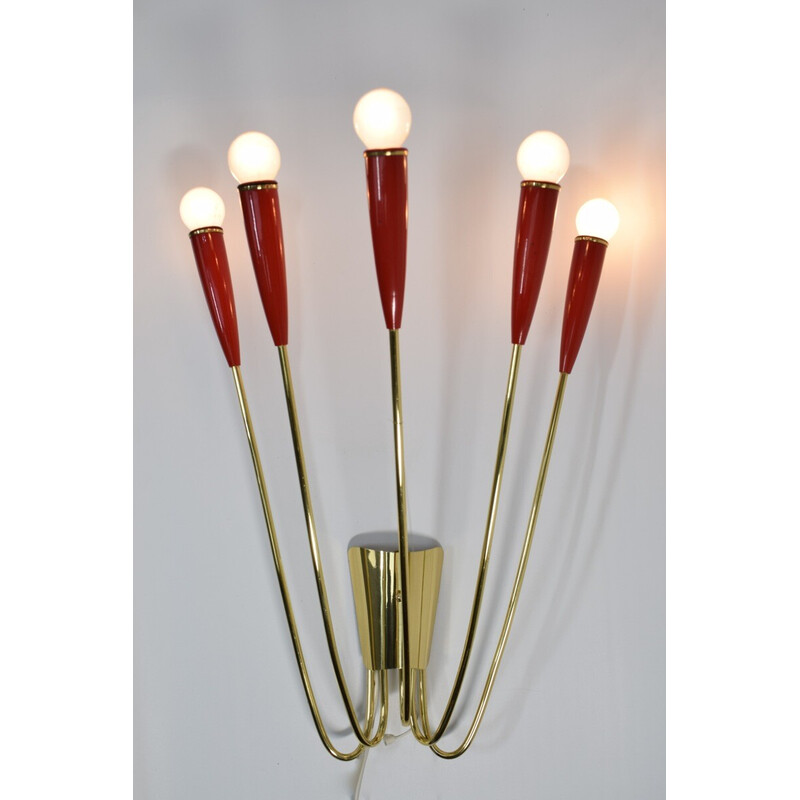 Vintage brass and red lacquer wall lamp, 1960