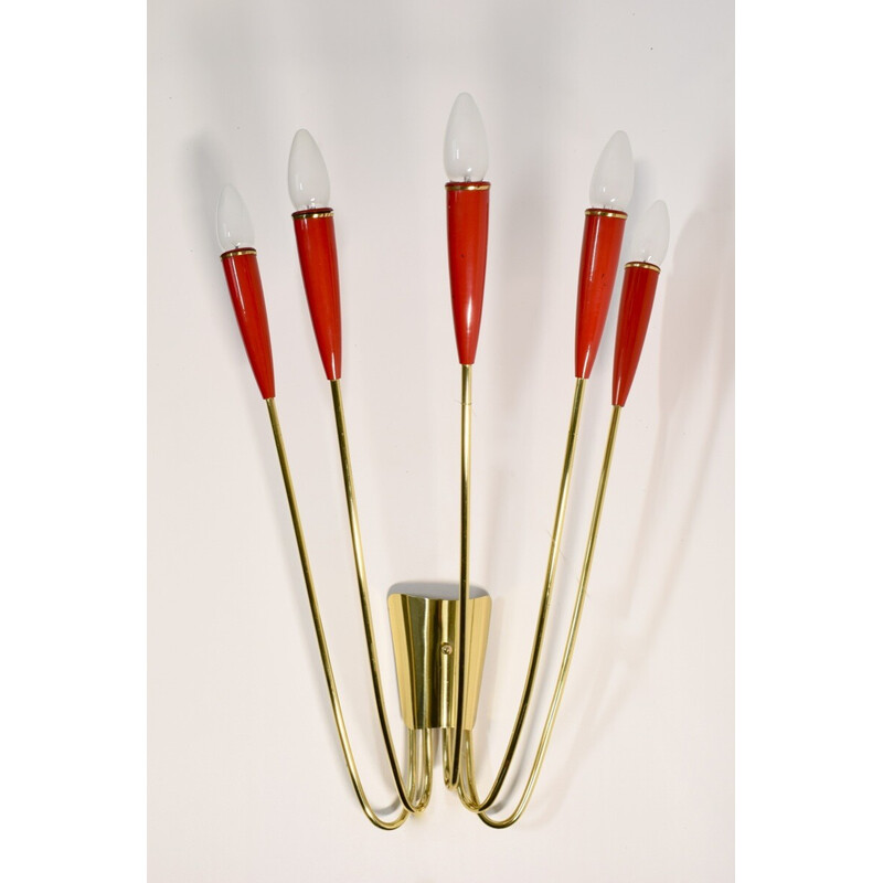 Vintage brass and red lacquer wall lamp, 1960