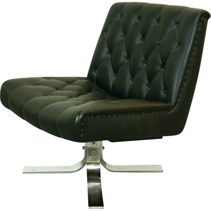 Low swivel chair in black leatherette - 1970s