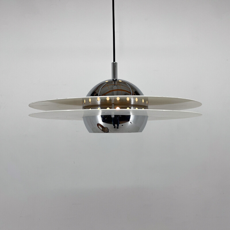 Vintage Ufo pendant lamp in chrome and lacquered metal, Italy 1970