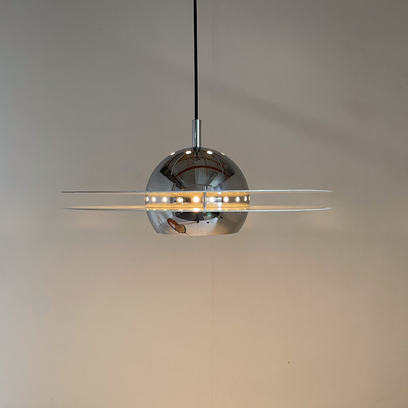 Vintage Ufo pendant lamp in chrome and lacquered metal, Italy 1970