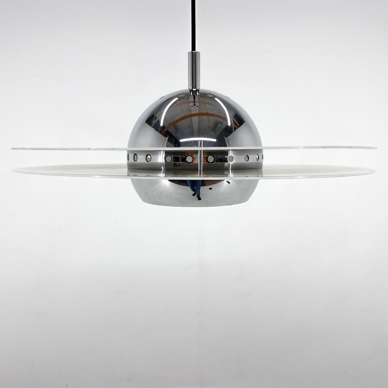 Vintage Ufo pendant lamp in chrome and lacquered metal, Italy 1970