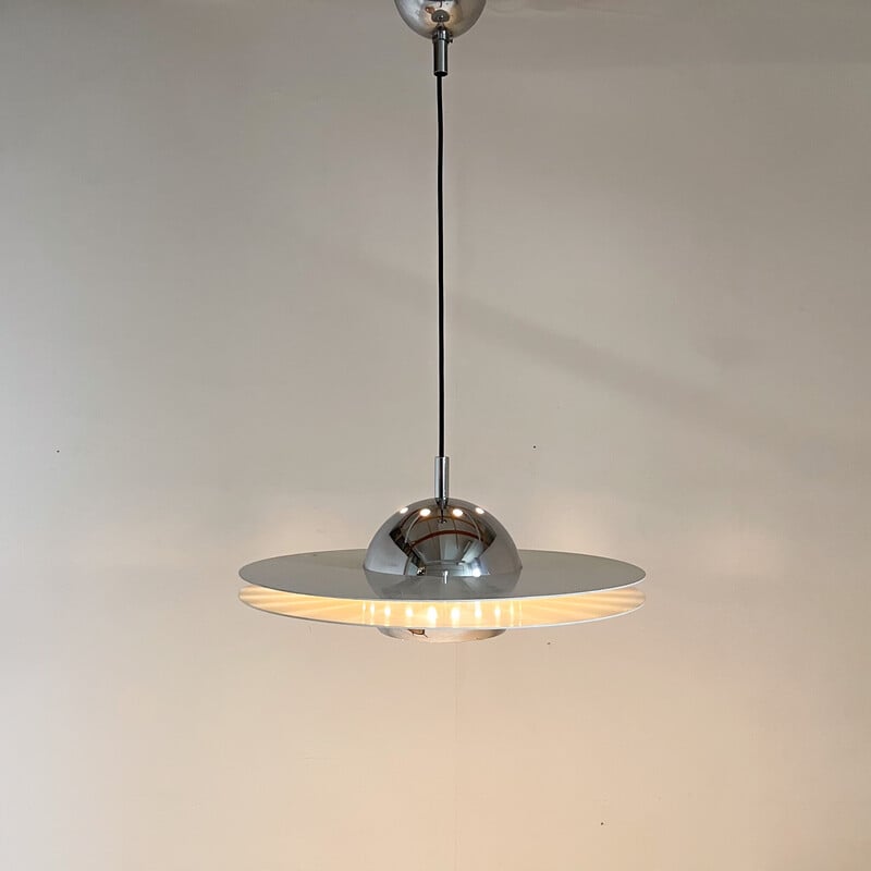 Vintage Ufo pendant lamp in chrome and lacquered metal, Italy 1970