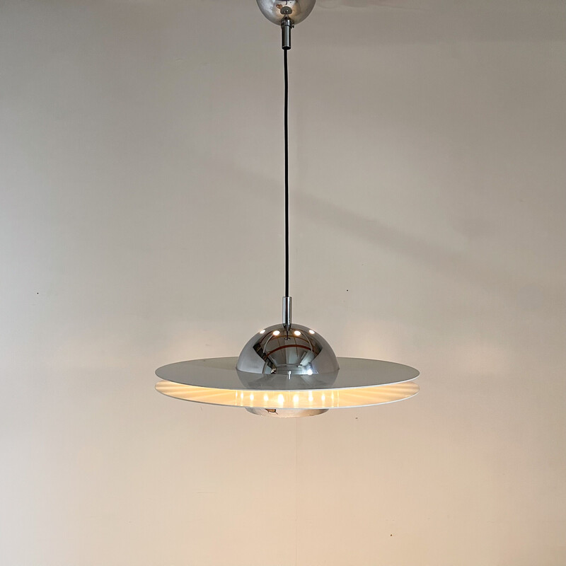 Vintage Ufo pendant lamp in chrome and lacquered metal, Italy 1970