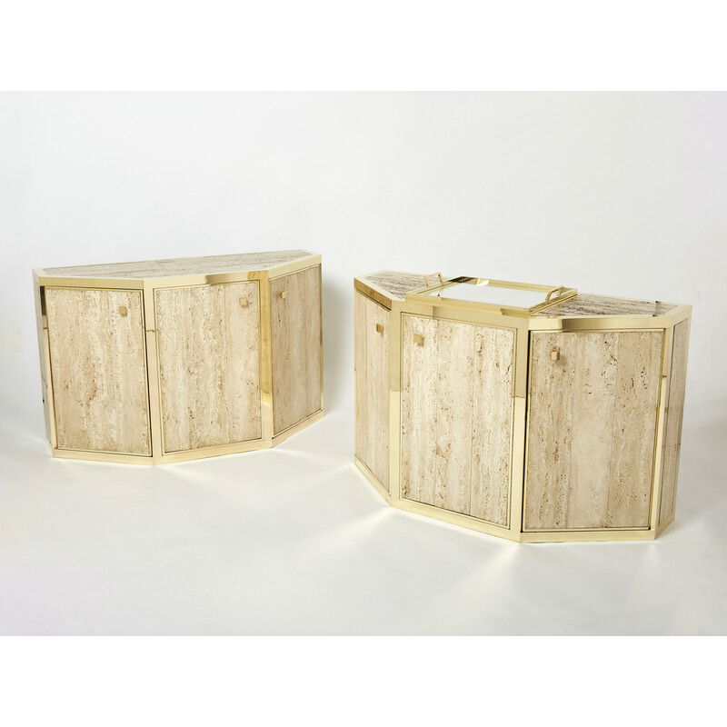Pair of vintage brass and travertine cabinets by Alfredo Freda for Cittone Oggi, Italy 1975