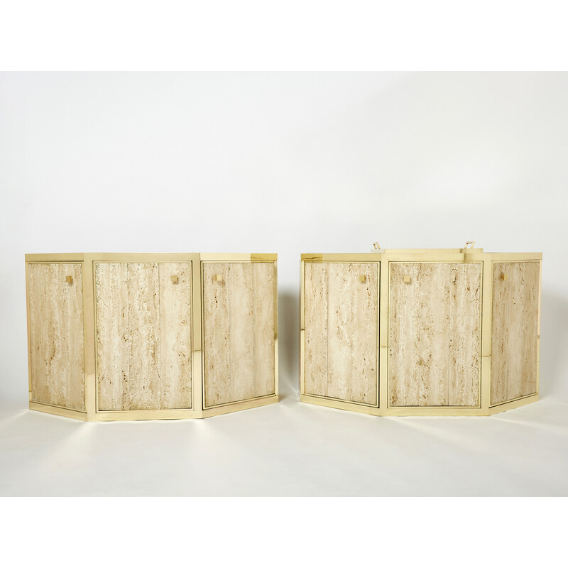 Pair of vintage brass and travertine cabinets by Alfredo Freda for Cittone Oggi, Italy 1975