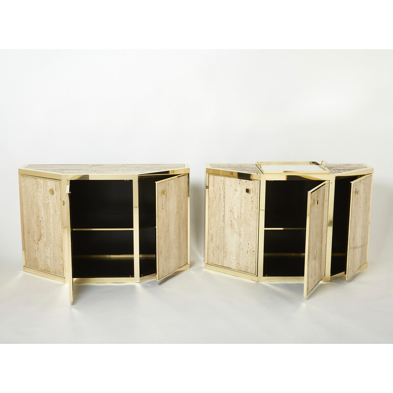 Pair of vintage brass and travertine cabinets by Alfredo Freda for Cittone Oggi, Italy 1975