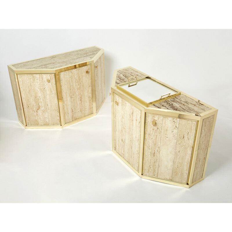 Pair of vintage brass and travertine cabinets by Alfredo Freda for Cittone Oggi, Italy 1975