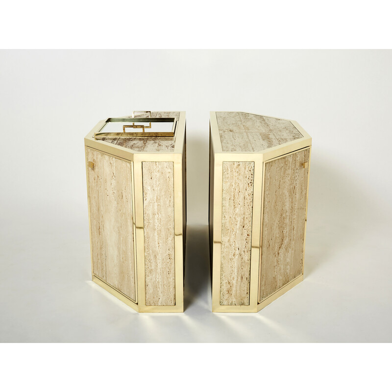 Pair of vintage brass and travertine cabinets by Alfredo Freda for Cittone Oggi, Italy 1975