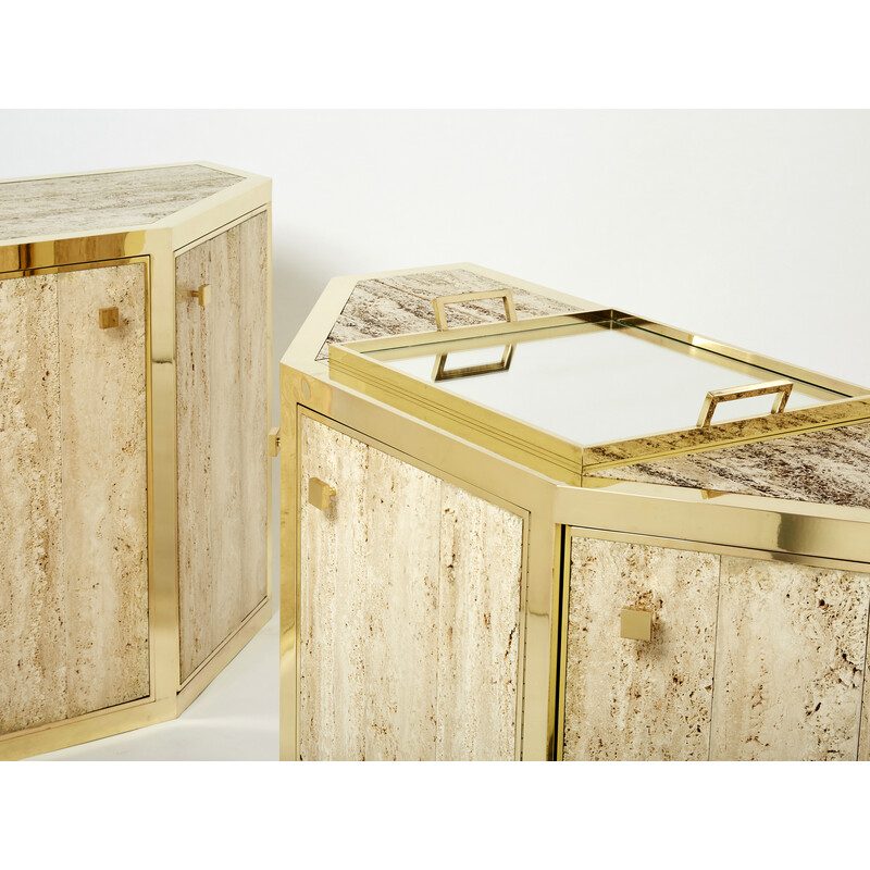 Pair of vintage brass and travertine cabinets by Alfredo Freda for Cittone Oggi, Italy 1975