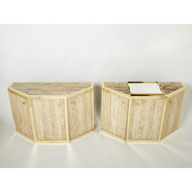 Pair of vintage brass and travertine cabinets by Alfredo Freda for Cittone Oggi, Italy 1975