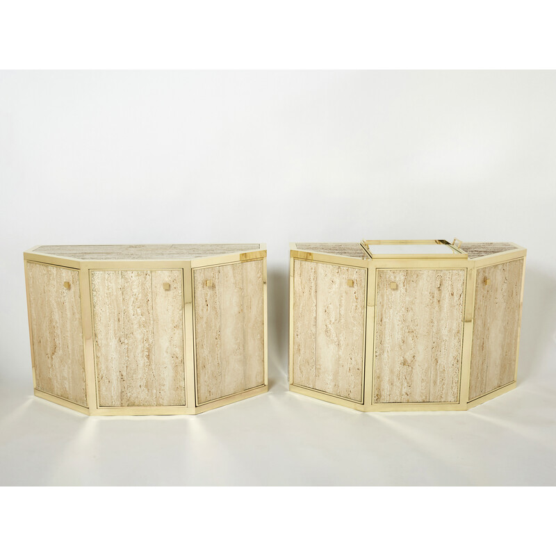 Pair of vintage brass and travertine cabinets by Alfredo Freda for Cittone Oggi, Italy 1975