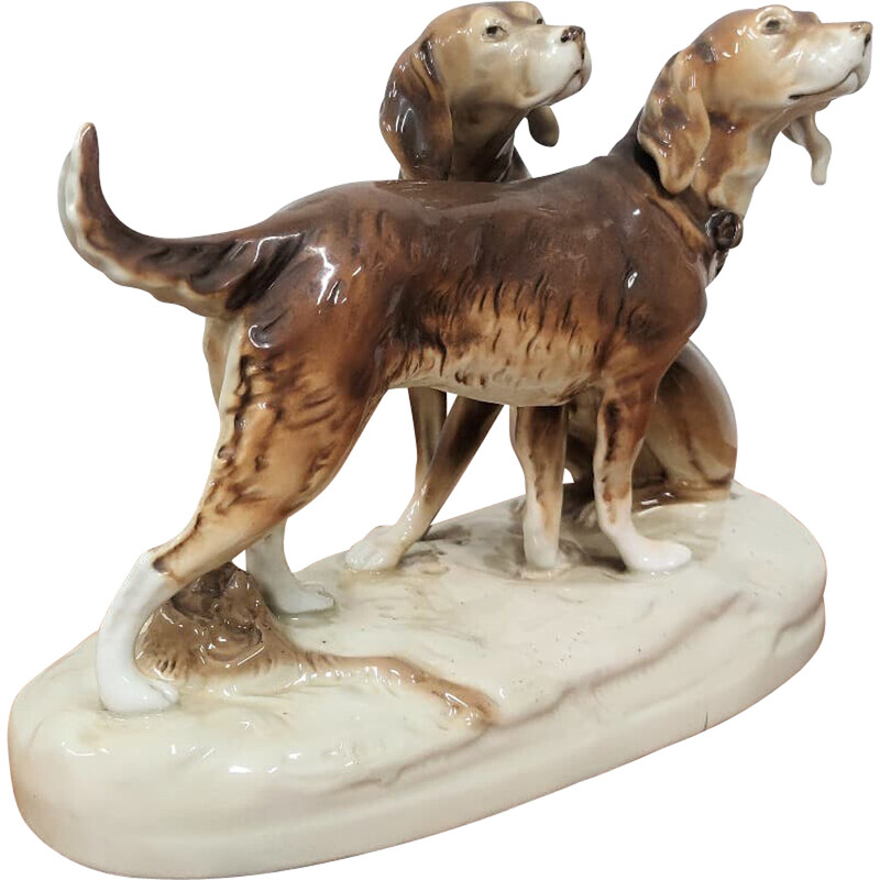 Estatuilla de cerámica esmaltada vintage de perros de caza, Checoslovaquia