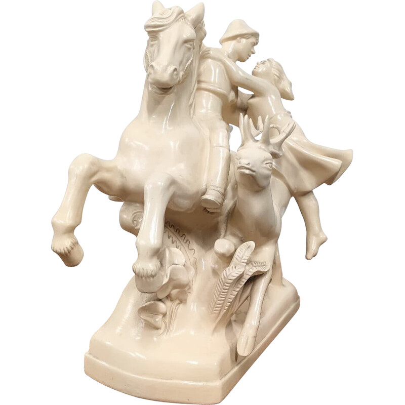 Estatuilla de cerámica vintage de un caballo y amantes, Checoslovaquia