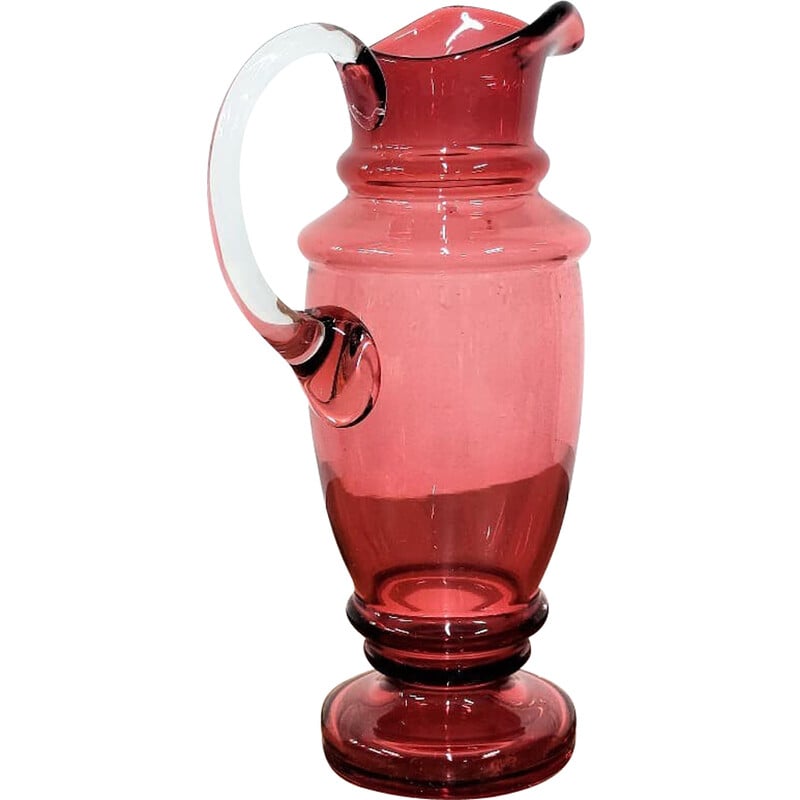 Vintage pink glass jug with white ear, Czechoslovakia 1950s