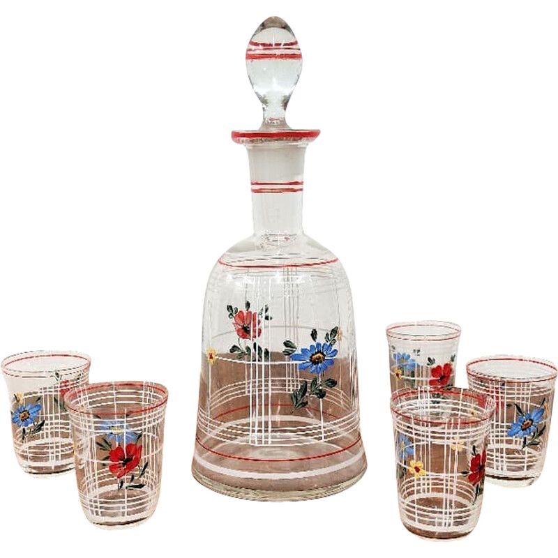 Vintage painted carafe with 5 glasses, Czechoslovakia 1930