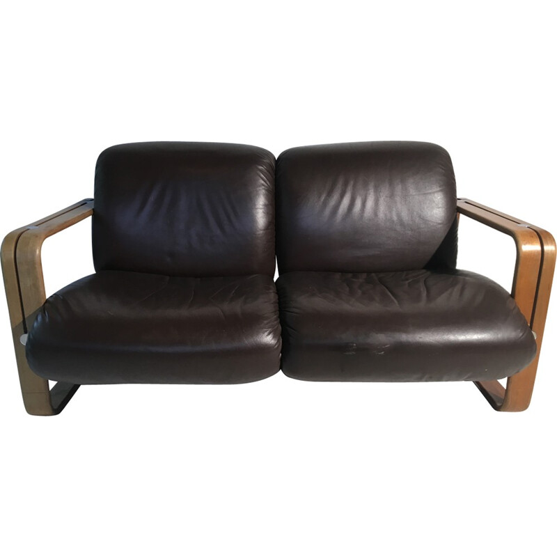 Giroflex sofa in brown leather and wood - 1970s