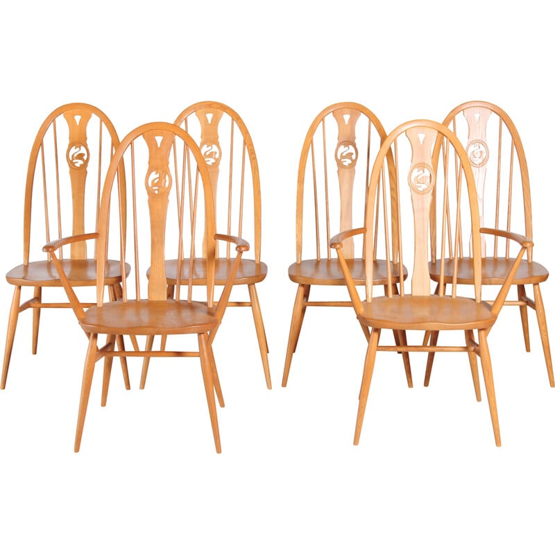 Set of 6 vintage Ercol Swan chairs in elmwood, 1970