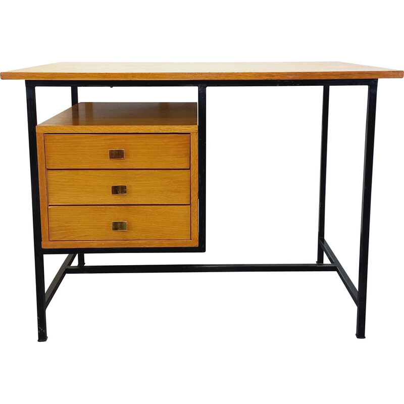 Vintage modernist desk in wood and black metal, 1960