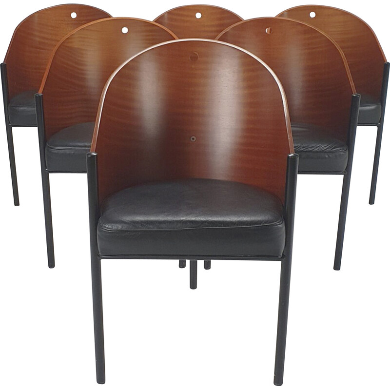 Ensemble de 4 chaises vintage en métal peint et placage d'acajou par Philippe Starck pour Driade, Italie 1980