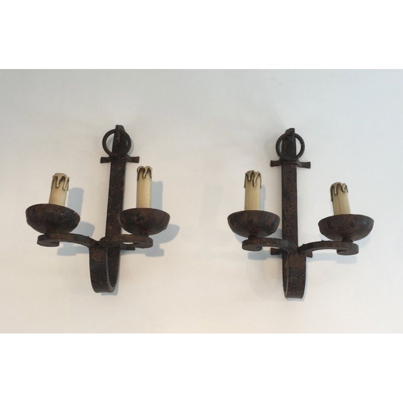 Set of 3 vintage wrought iron wall lamps, France 1950