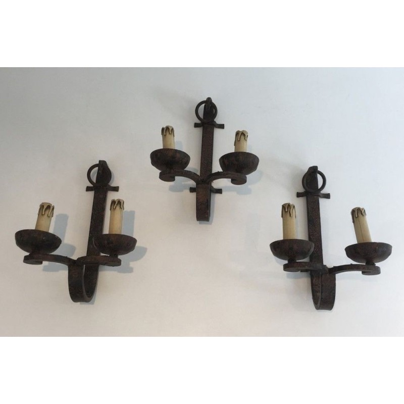 Set of 3 vintage wrought iron wall lamps, France 1950
