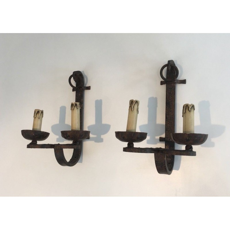 Set of 3 vintage wrought iron wall lamps, France 1950