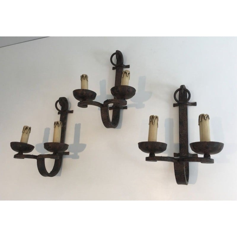 Set of 3 vintage wrought iron wall lamps, France 1950