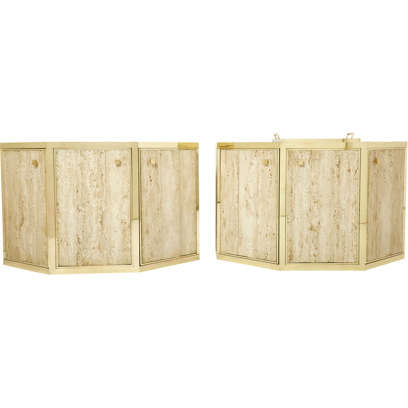 Pair of vintage brass and travertine cabinets by Alfredo Freda for Cittone Oggi, Italy 1975