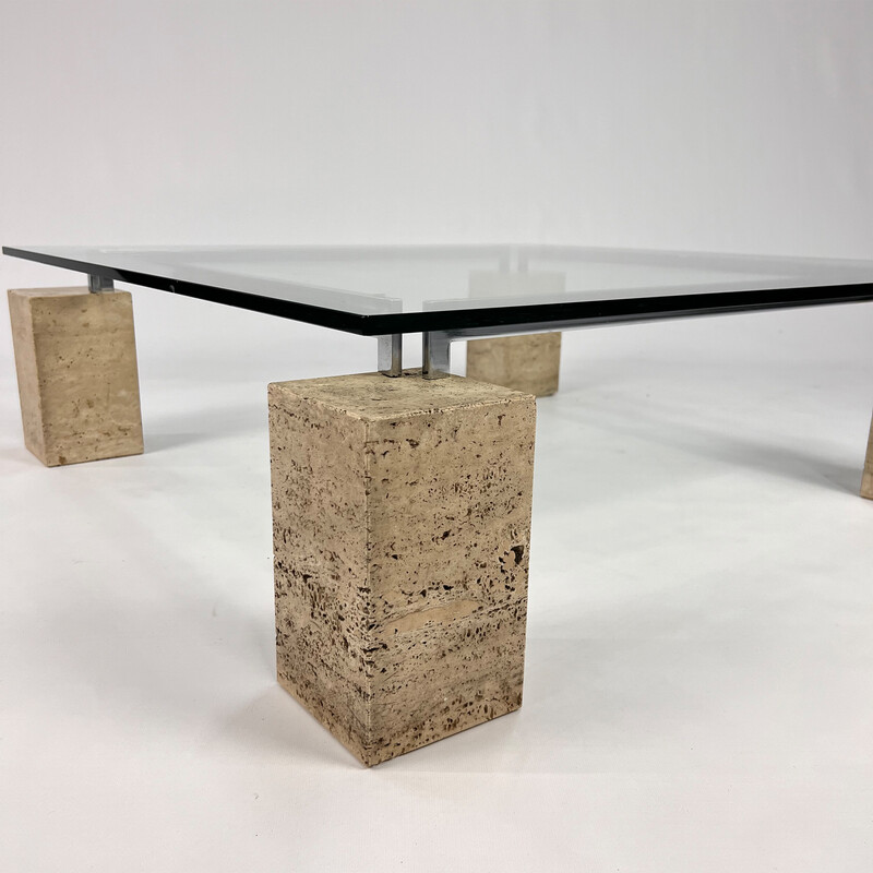 Vintage glass and travertine coffee table by Piero De Longhi for Catalan Italia, 1980s