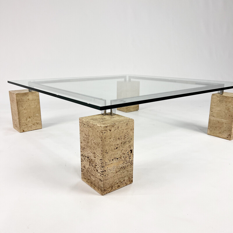 Vintage glass and travertine coffee table by Piero De Longhi for Catalan Italia, 1980s
