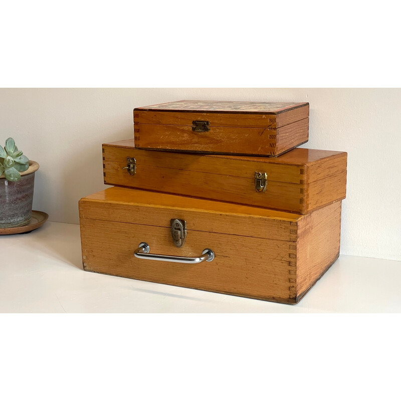 Set of 3 vintage wooden boxes with dovetail