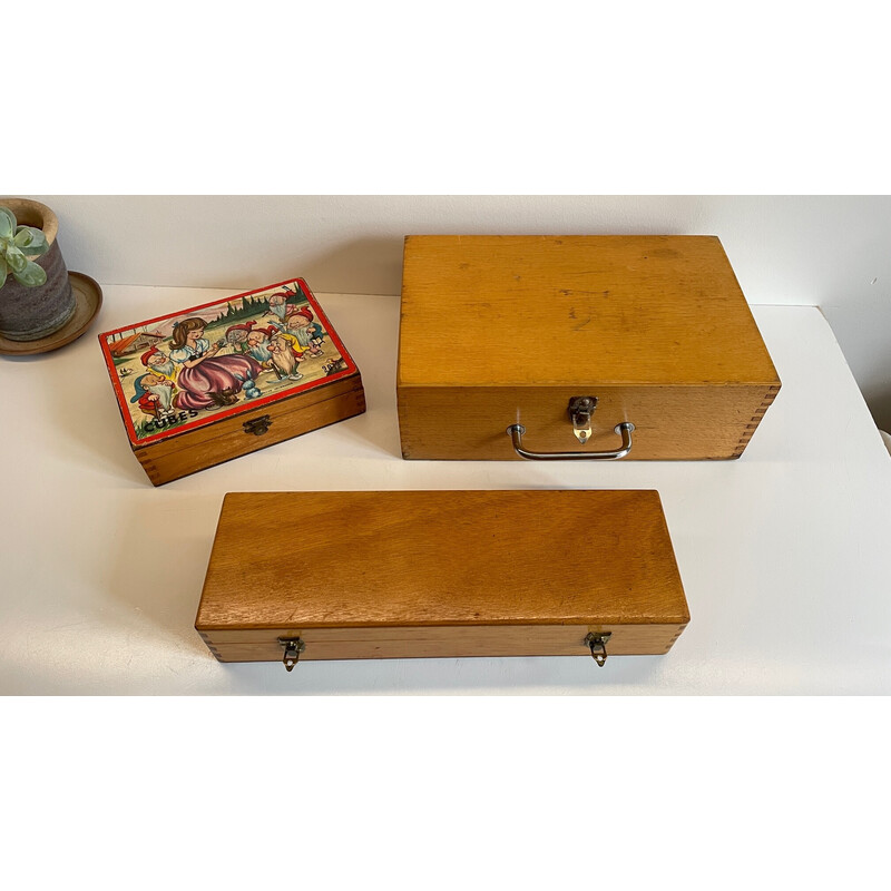 Conjunto de 3 caixas de madeira vintage em cauda de andorinha