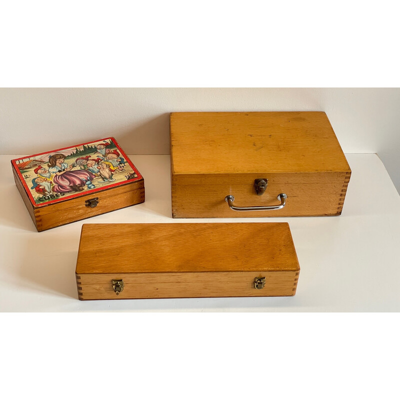 Set di 3 scatole vintage in legno a coda di rondine