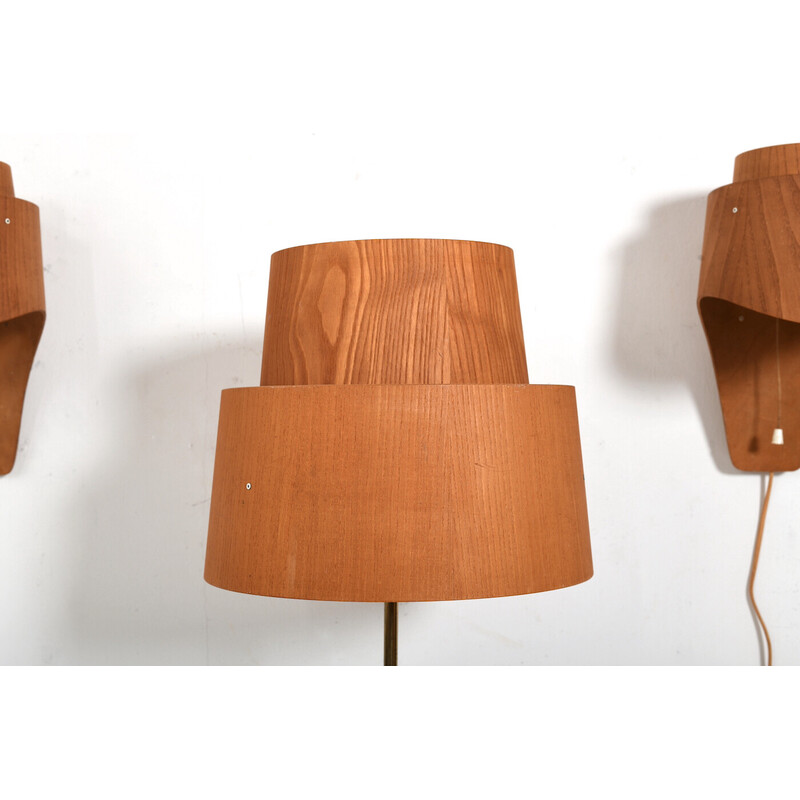 Pair of vintage pine wall lamps with floor lamp by Hans Agne Jacobsson for Ab Ellysett Markaryd, Sweden 1960