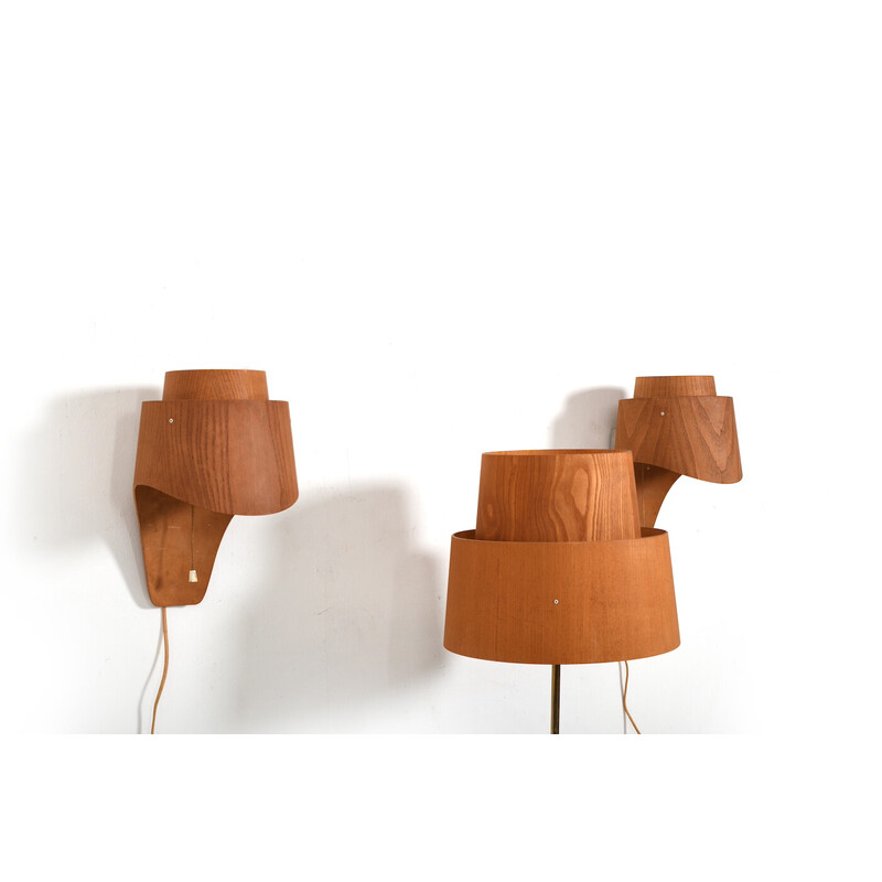 Pair of vintage pine wall lamps with floor lamp by Hans Agne Jacobsson for Ab Ellysett Markaryd, Sweden 1960
