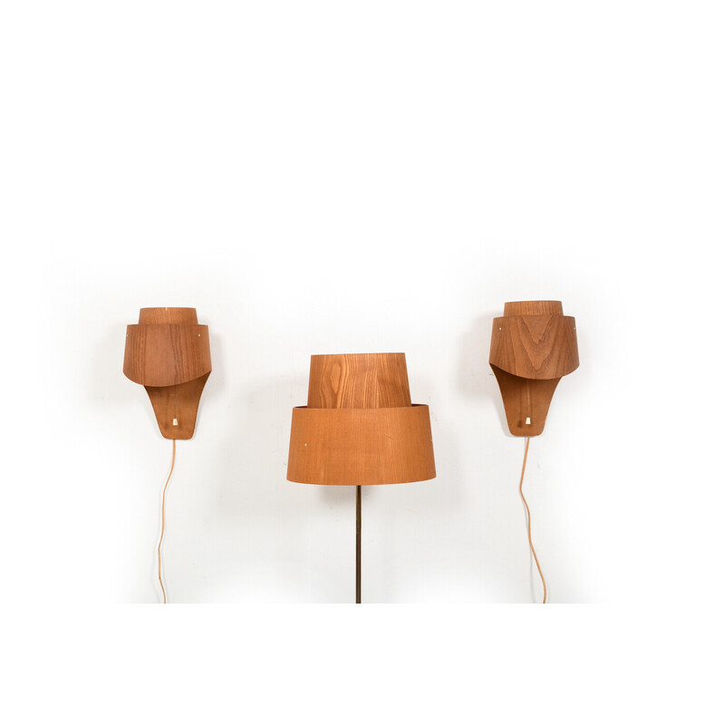 Pair of vintage pine wall lamps with floor lamp by Hans Agne Jacobsson for Ab Ellysett Markaryd, Sweden 1960