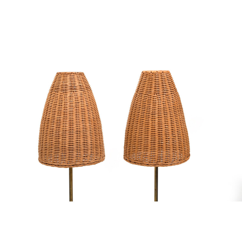 Pair of vintage floor lamps with wicker shade by Lyfa, Denmark 1960