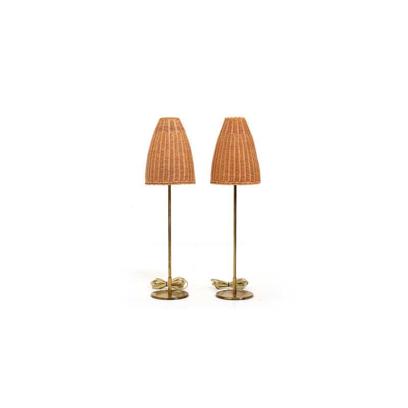 Pair of vintage floor lamps with wicker shade by Lyfa, Denmark 1960