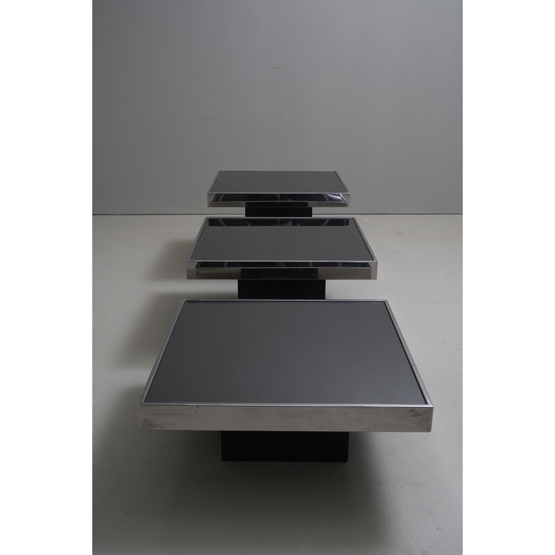 Set of 3 vintage coffee tables in chrome and black mirror, Italy 1970
