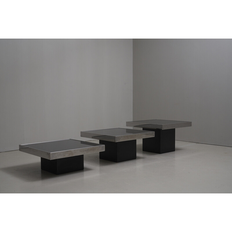 Set of 3 vintage coffee tables in chrome and black mirror, Italy 1970