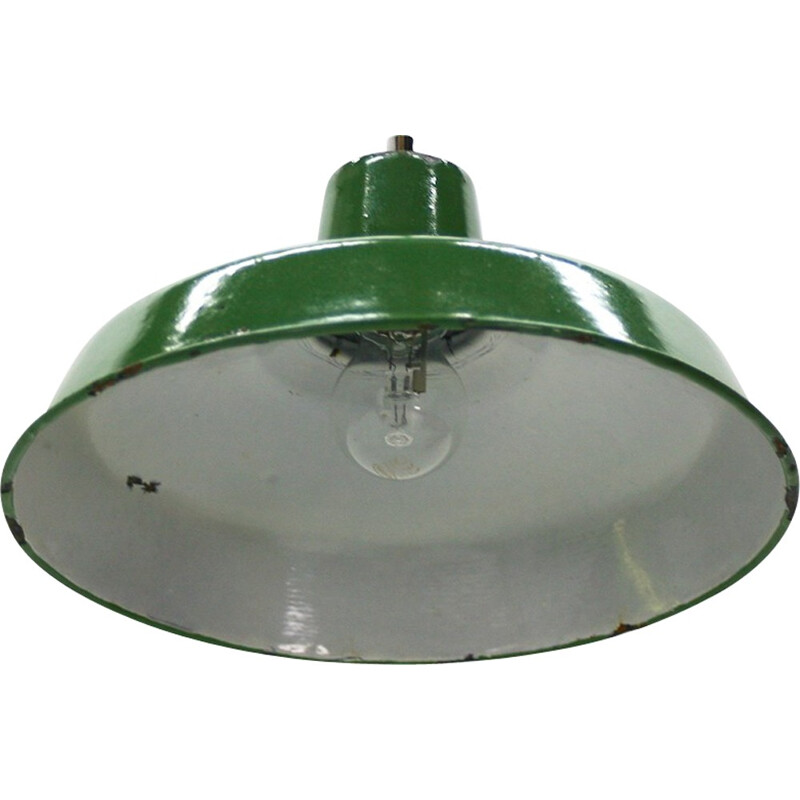 Vintage industrial green hanging  lamp in steel - 1930s