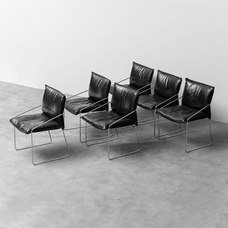 Set of 6 vintage black leather and metal chairs, 1970.