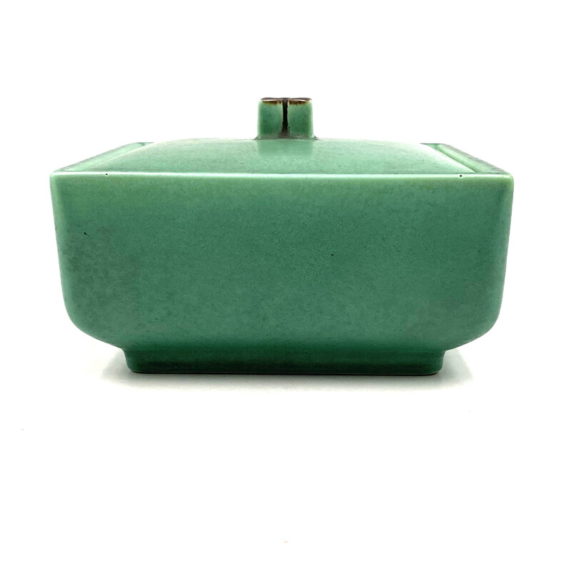 Vintage Art deco green ceramic box, France 1940