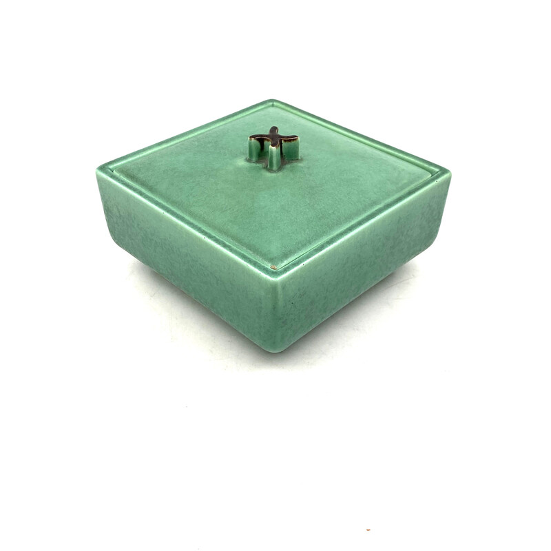 Caja de cerámica verde Art decó vintage, Francia 1940